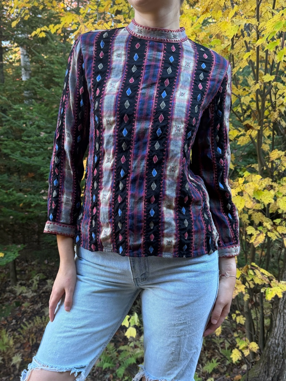 Sundance Embroidered Dobby Stripe Boho Mock Neck Top Blouse - XS